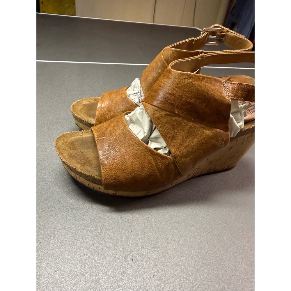Sofft Cognac Leather Cork Wedge Sandals Brown Slingback 9.5M wedge classy chic